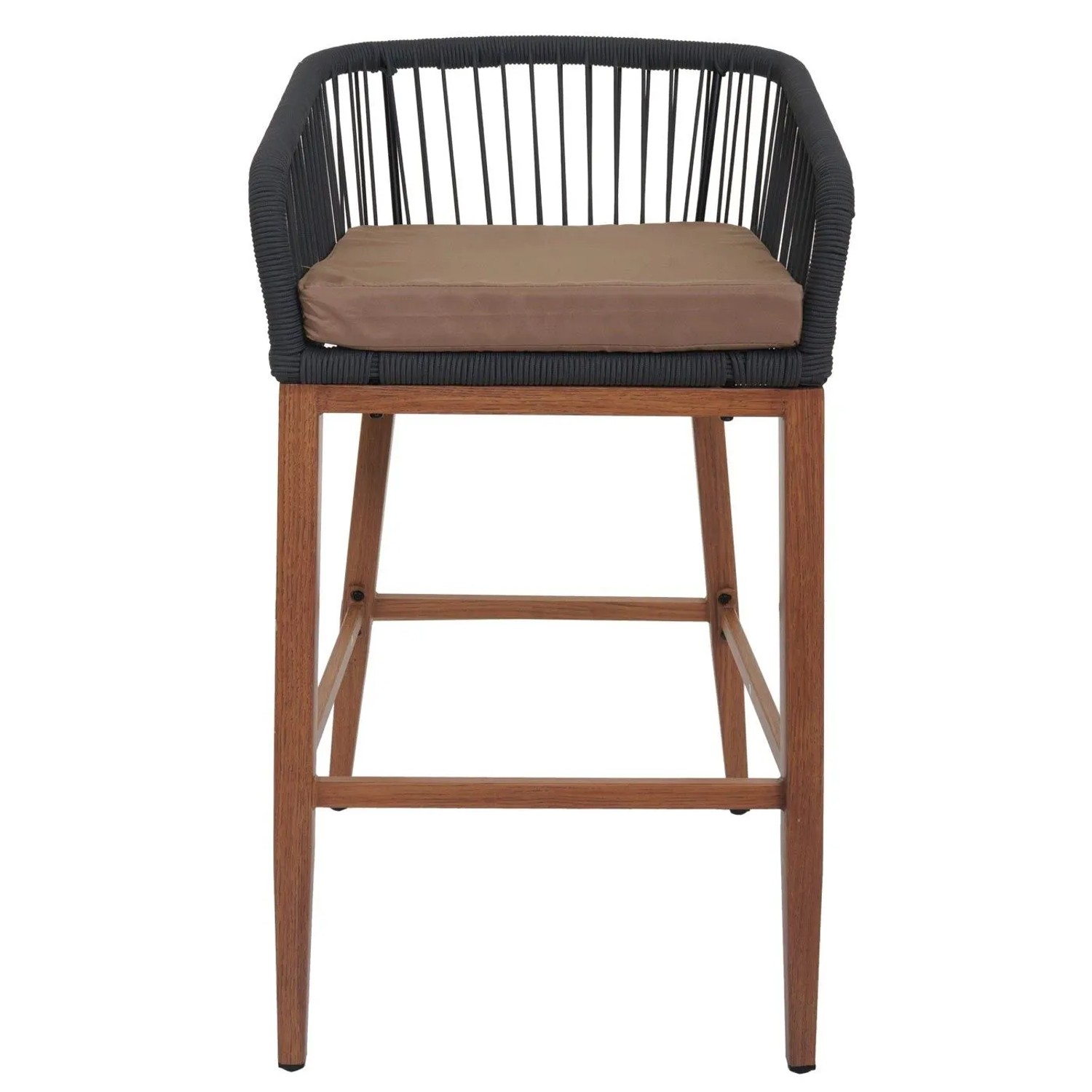 Moderner Barhocker mit anthrazit Seilgeflecht, taupe Kissen und Holz-Optik Gestell.