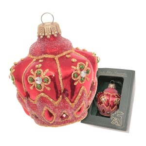 Rotes Krebs Glas Lauscha Weihnachtsornament Krone, 8cm, mit Glitzer und Strasssteinen.