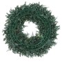 Rückseite des künstlichen Kranzes Ø 60cm mit grünem Kunststoffrahmen, Blättern und roten Beeren.