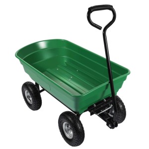 Grüner Wiltec Gartenwagen mit Kippfunktion, 75l Fassungsvermögen und Handgriff.