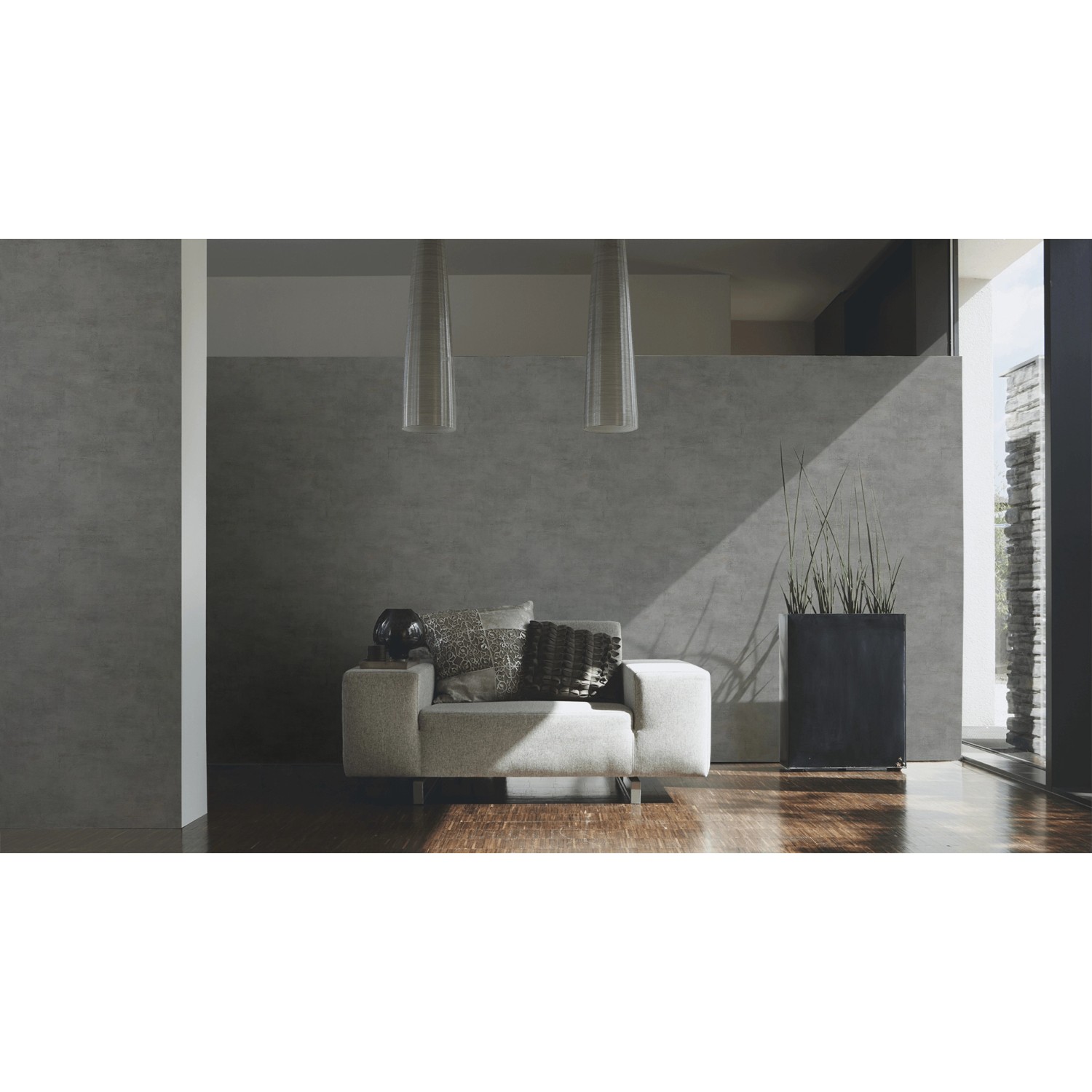 A.S. Création Vliestapete Best of Wood´n Stone Uni Betonputz steingrau im Wohnraum.