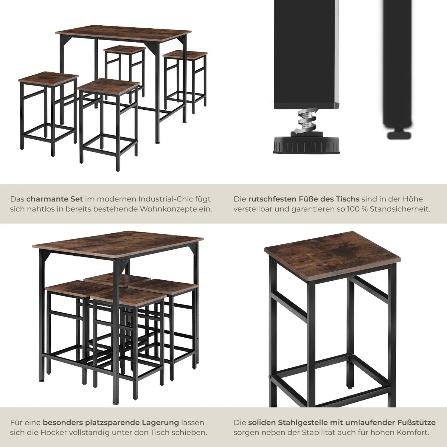 Tectake Bartisch-Set Edinburgh, 5-teilig, mit Tisch und 4 Hockern in dunklem Industrial-Holz.