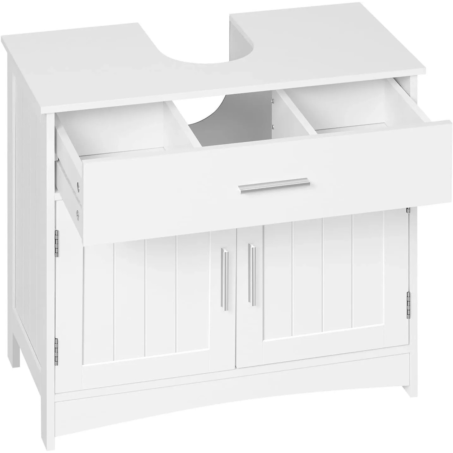 Weißer Waschbeckenunterschrank mit offener Schublade, zwei Fächern, zwei Türen und Siphonausschnitt. Modernes Badmöbel.