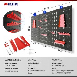 PROREGAL ARES 3-teiliges Werkzeug Lochwand Set aus schwarzem Metall, 120x60cm, mit roten Haken & Halterungen.