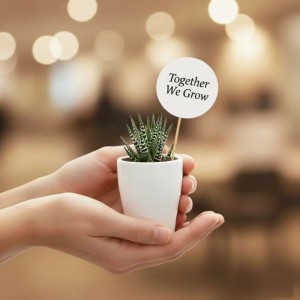 Hände halten gestreifte Mini-Sukkulente in weißem Keramiktopf mit "Together We Grow" Schild.