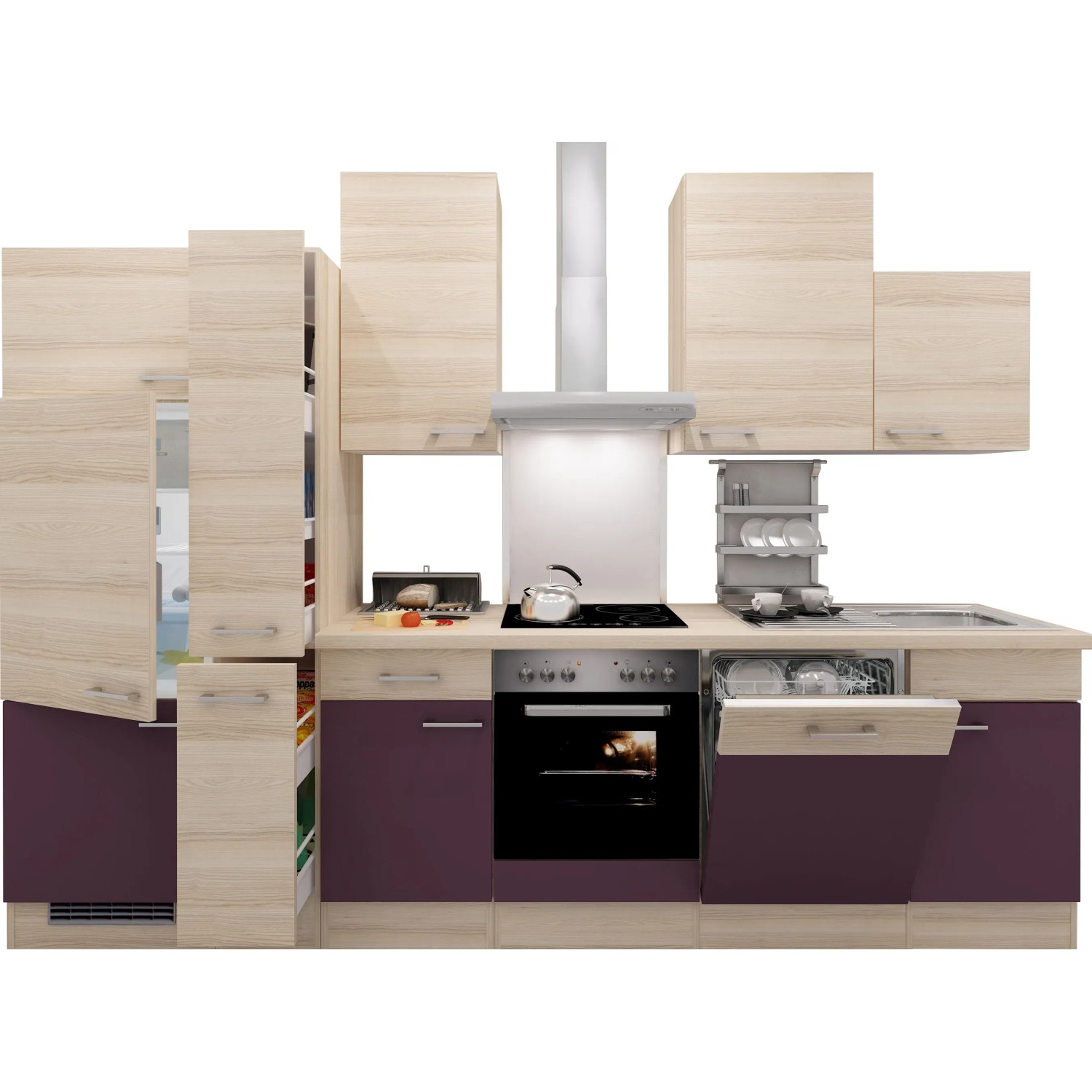 Flex-Well Exclusiv Küchenzeile Focus 310 cm Akazie Nachbildung Aubergine