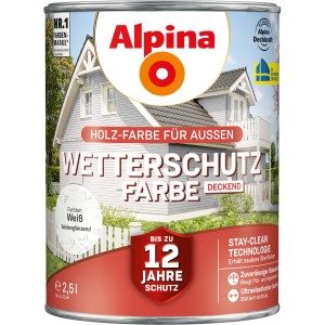 Alpina Wetterschutzfarbe Weiß, 2,5l Dose. Deckende Farbe für Fassaden, Gartenhäuser und Zäune.