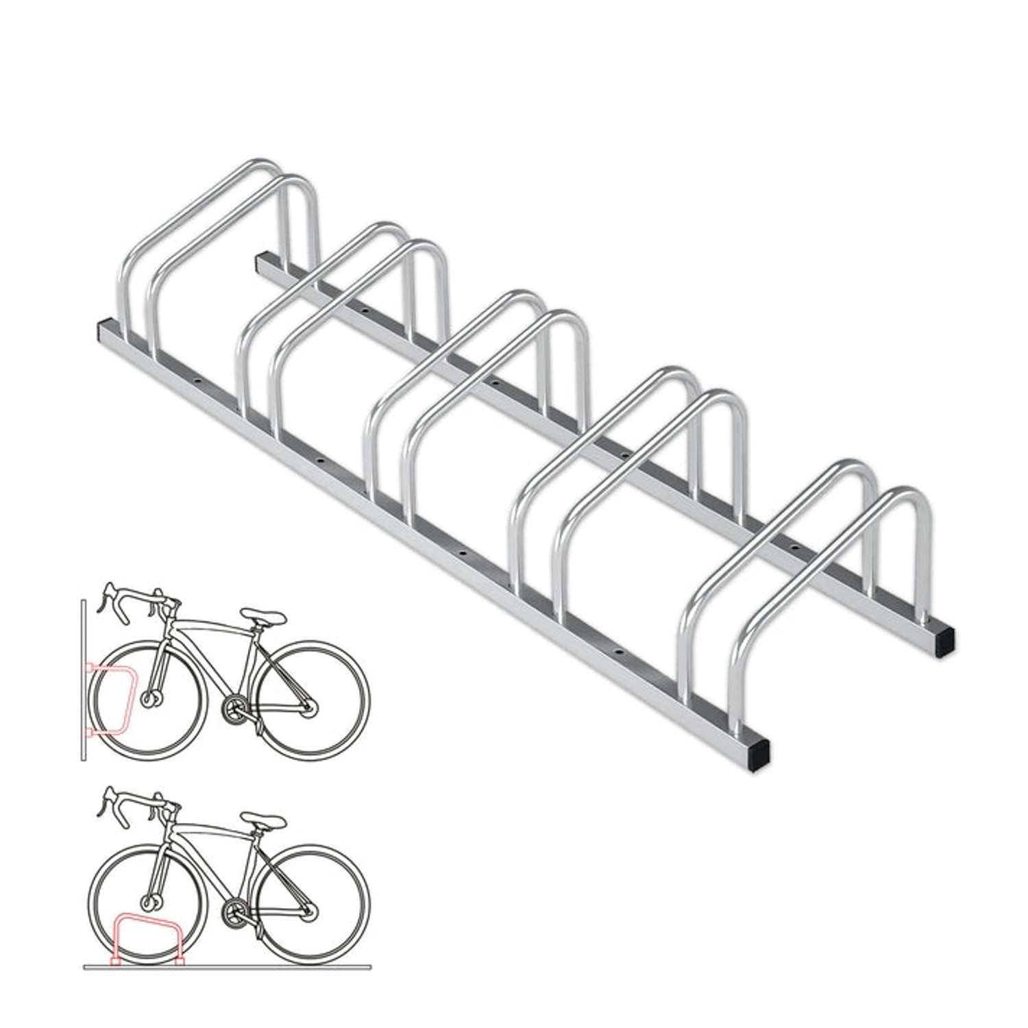 Silberner KARAT Fahrradständer Linus für 5 Fahrräder, zur Boden- oder Wandmontage.