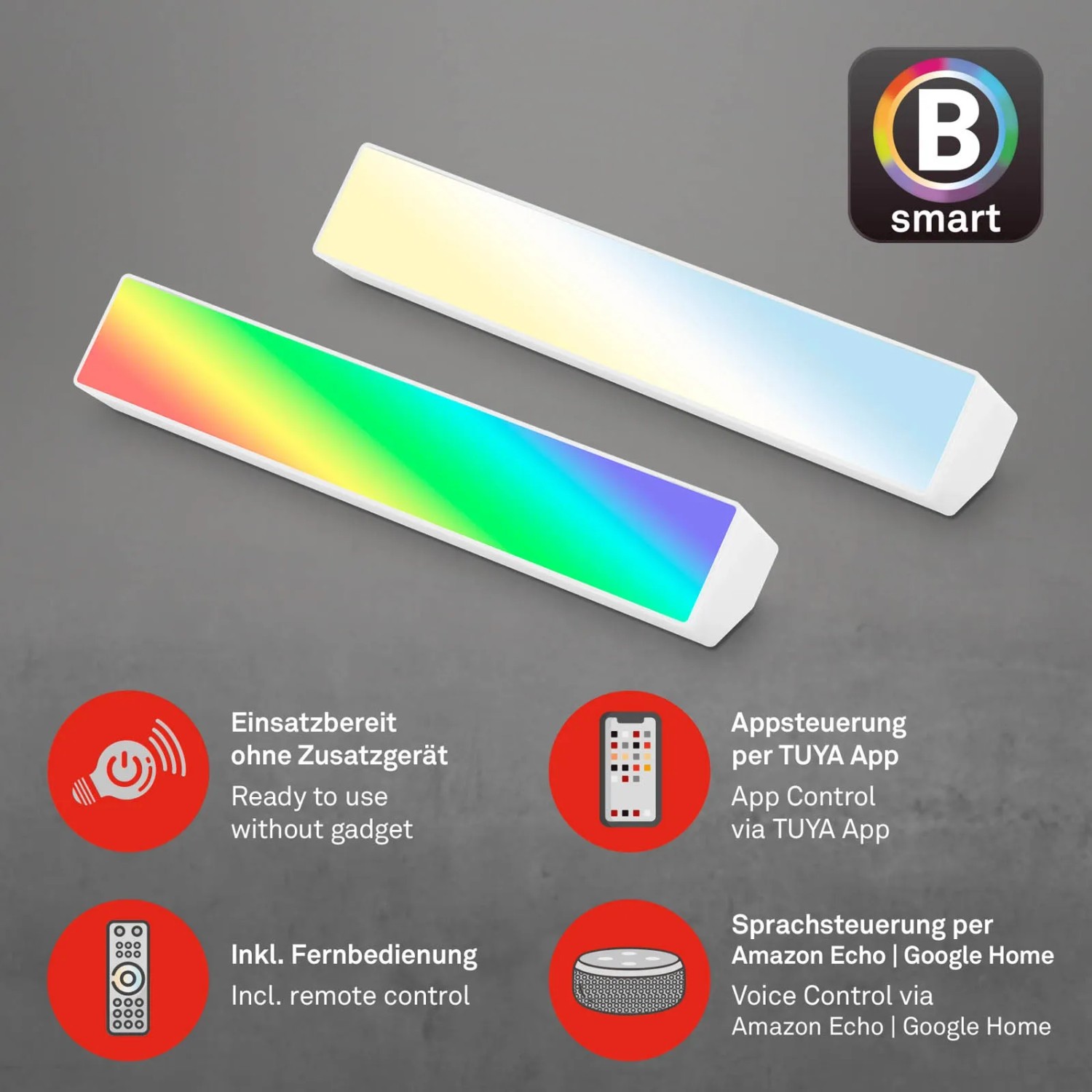 Weiße, dimmbare Brilo LED-Tischleuchte Muro S B-Smart mit Farbwechsel und Fernbedienung.