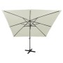 Sandfarbener Ampelschirm 300x300 cm mit LED-Beleuchtung, quadratischem Schirmdach und schwarzem Aluminiumgestell.