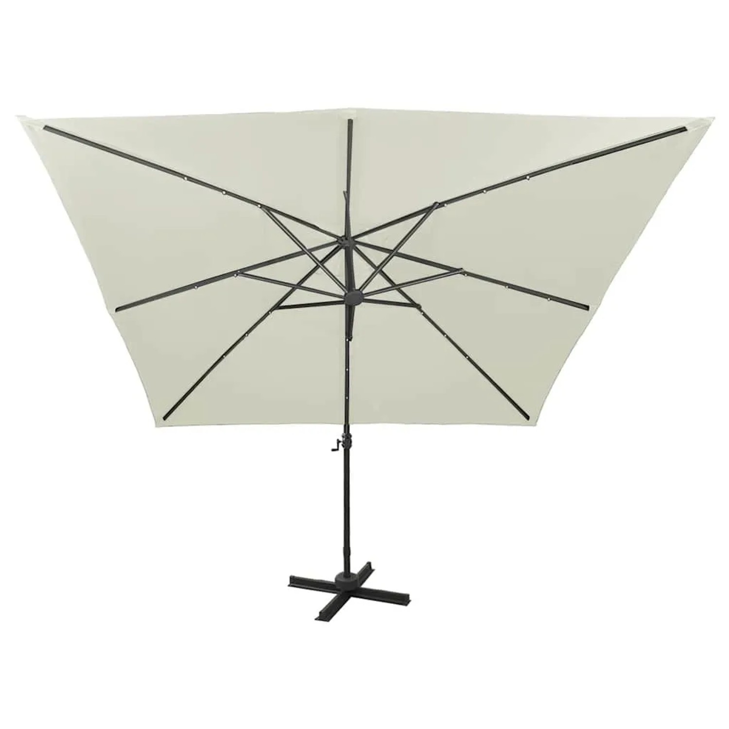 Sandfarbener Ampelschirm 300x300 cm mit LED-Beleuchtung, quadratischem Schirmdach und schwarzem Aluminiumgestell.