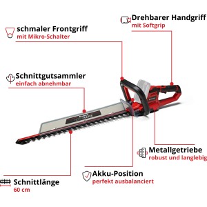 Einhell Akku-Heckenschere GE-CH 18/60 Li-Solo: Heckenschneider mit drehbarem Griff und 60 cm Schnittlänge.