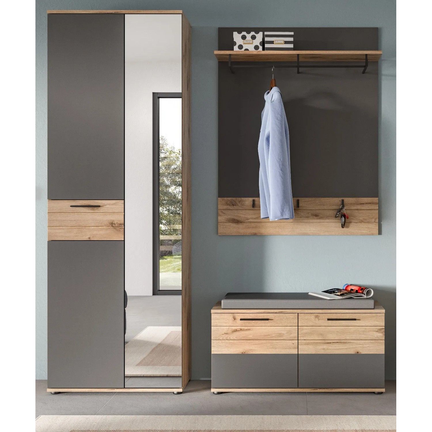 3-teiliges Garderoben-Set Tomaso in Eiche Grau mit Schrank, Paneel und Sitzbank, 175 cm breit.