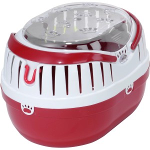 Rote Transportbox für Kleintiere mit transparentem Deckel, 28x20x18 cm.