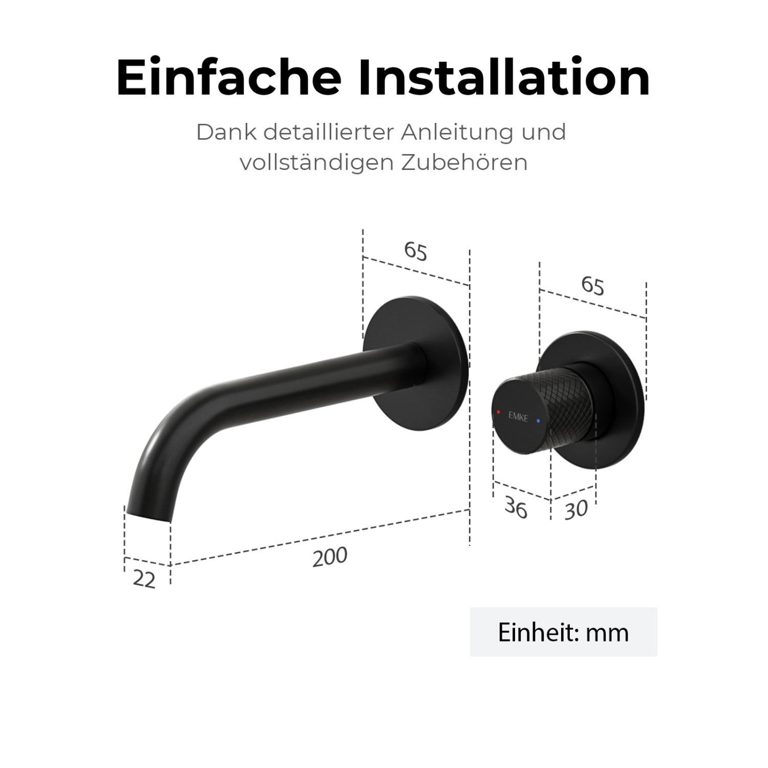 Emke Waschtischarmatur Unterputz für Wandmontage Schwarz Matt Wasserhahn Badarmatur_8