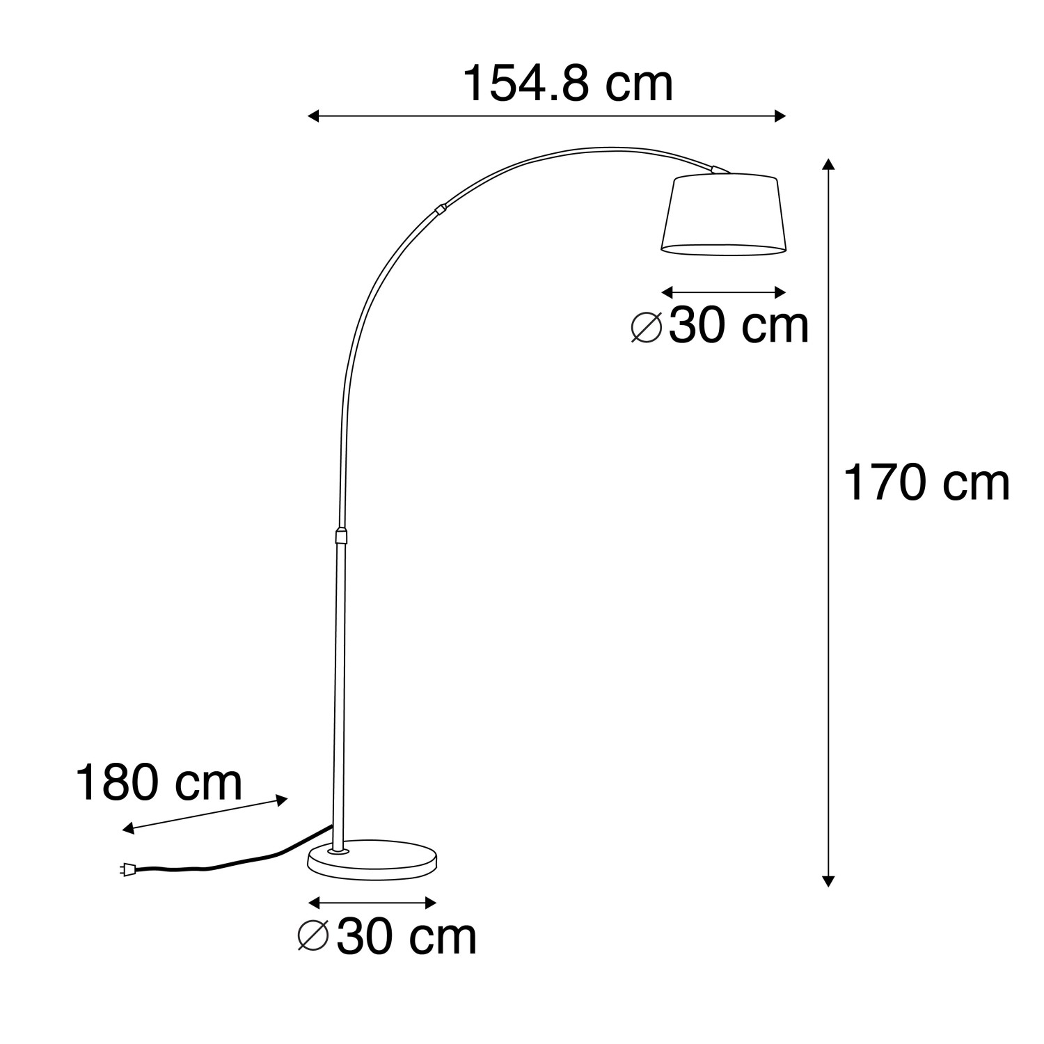 Skizze der schwarzen Bogenlampe Arc Basic mit Stoffschirm, Maße: 170cm hoch, 154,8cm breit.
