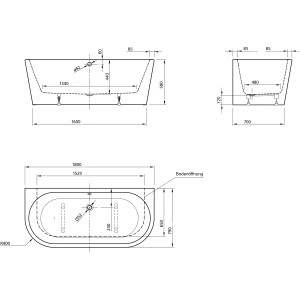 Technische Zeichnung der weißen Ottofond Badewanne Modena, 180 cm, mit Maßangaben.