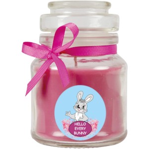 Lila Duftkerze im Glas mit Hasenmotiv und Lavendelduft, verziert mit rosa Schleife.