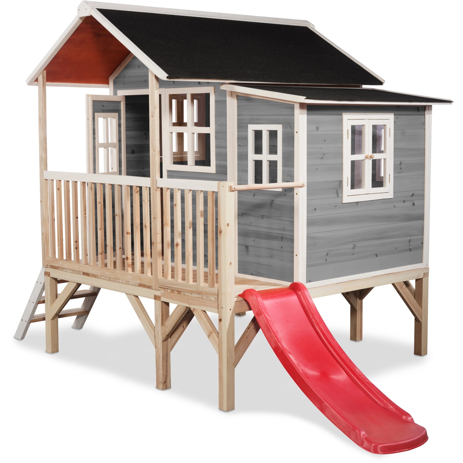 Graues EXIT Loft 350 Holzspielhaus mit Rutsche, Leiter und Anbau für Kinder zum Spielen im Garten.