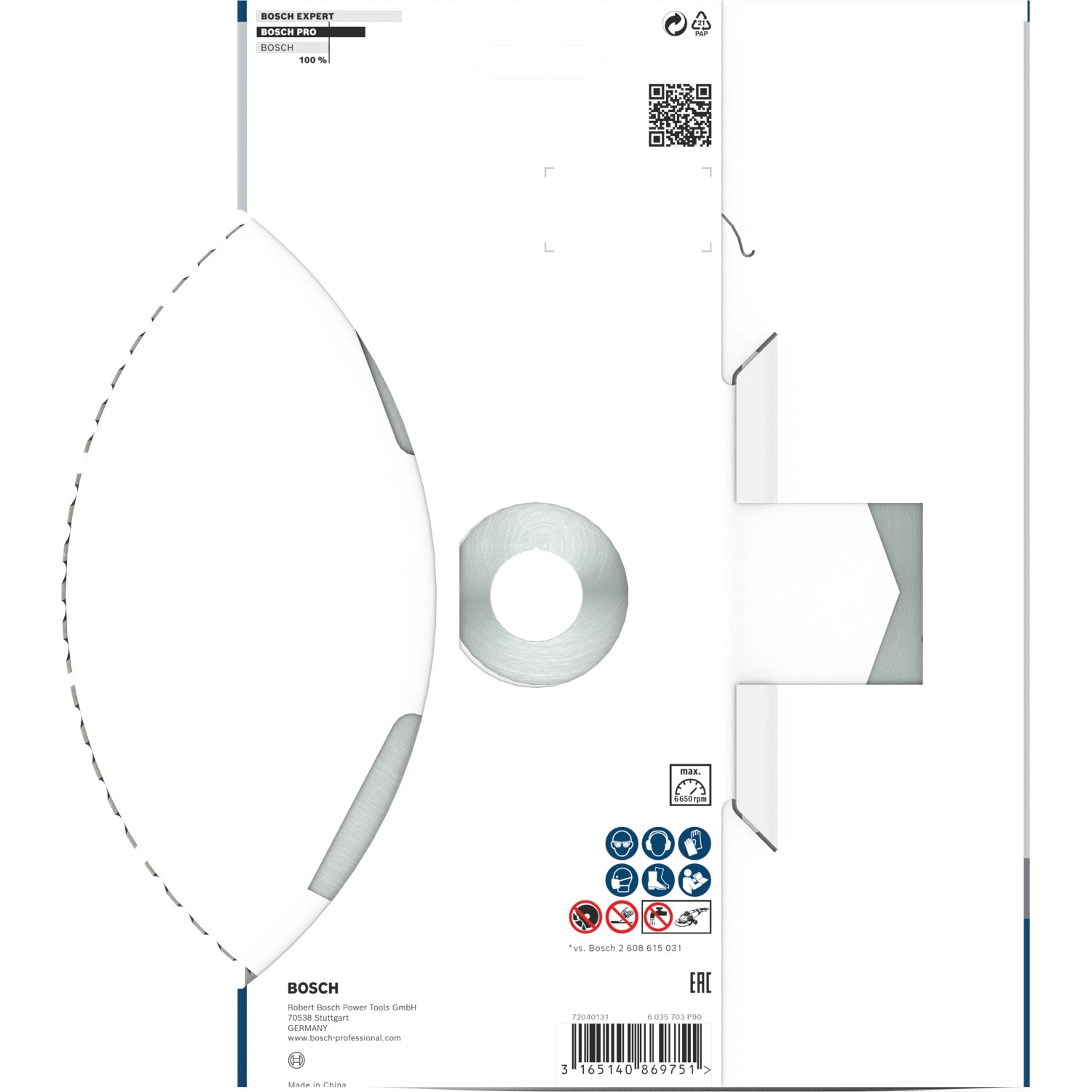 Weiße Bosch Verpackung mit sichtbarer silberner Diamant-Trennscheibe 230 mm für Winkelschleifer. Ideal für Beton & Mauerwerk.