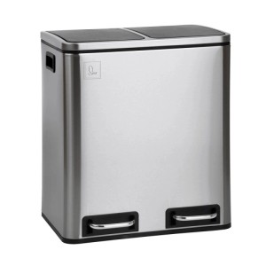 Silberner Edelstahl Mülleimer mit 2 Fächern und Tretmechanismus für Mülltrennung, 30L.