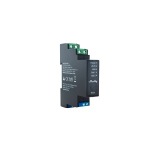 Schwarzes Shelly Relaismodul Pro 2PM für Hausautomation mit LAN, WLAN & Bluetooth.