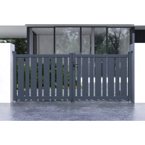 Graues Casanoov Flügeltor Veymont 3x1,2m mit zwei Eifel Pfosten (H 166cm) als Gartentor.