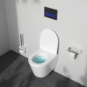 AM.PM Wand-WC Set: randlose Toilette, weißer WC-Sitz, schwarze Drückerplatte mit blauer Beleuchtung im modernen Bad.