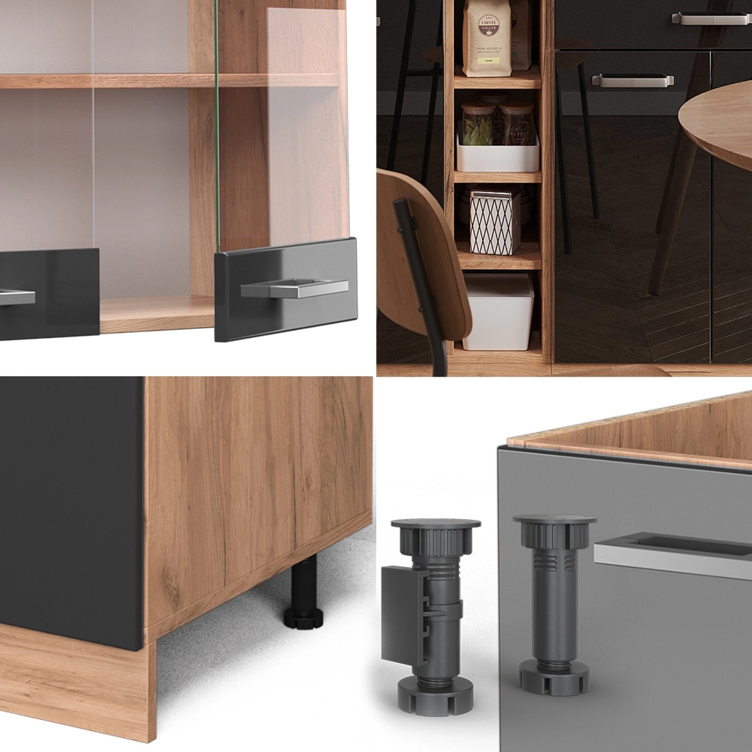 Vicco Singleküche in Schwarz Hochglanz und Goldkraft Eiche, 160 cm Küchenzeile.