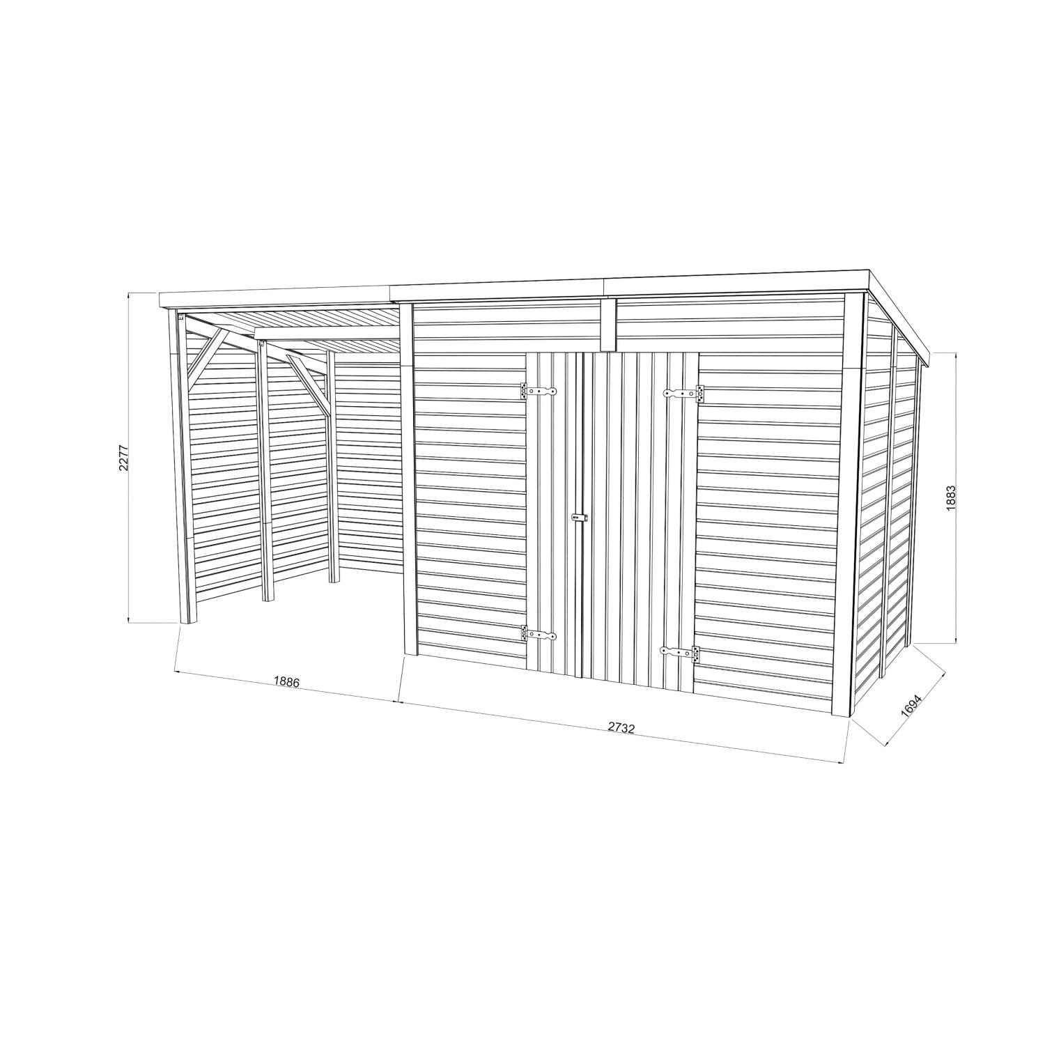 Dunkelgraues Palmako Gerätehaus Leif 460x170 cm mit Doppeltür und offenem Bereich, technische Zeichnung.