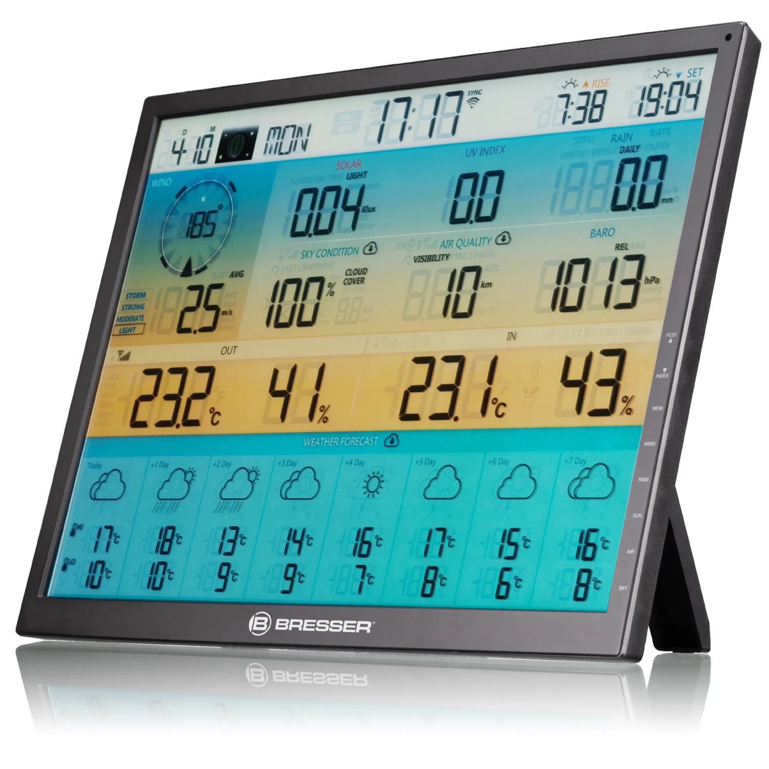 Bresser Solar-WLAN-Wetterstation 4CAST XL 7-in-1 Schwarz mit großem Farbdisplay.