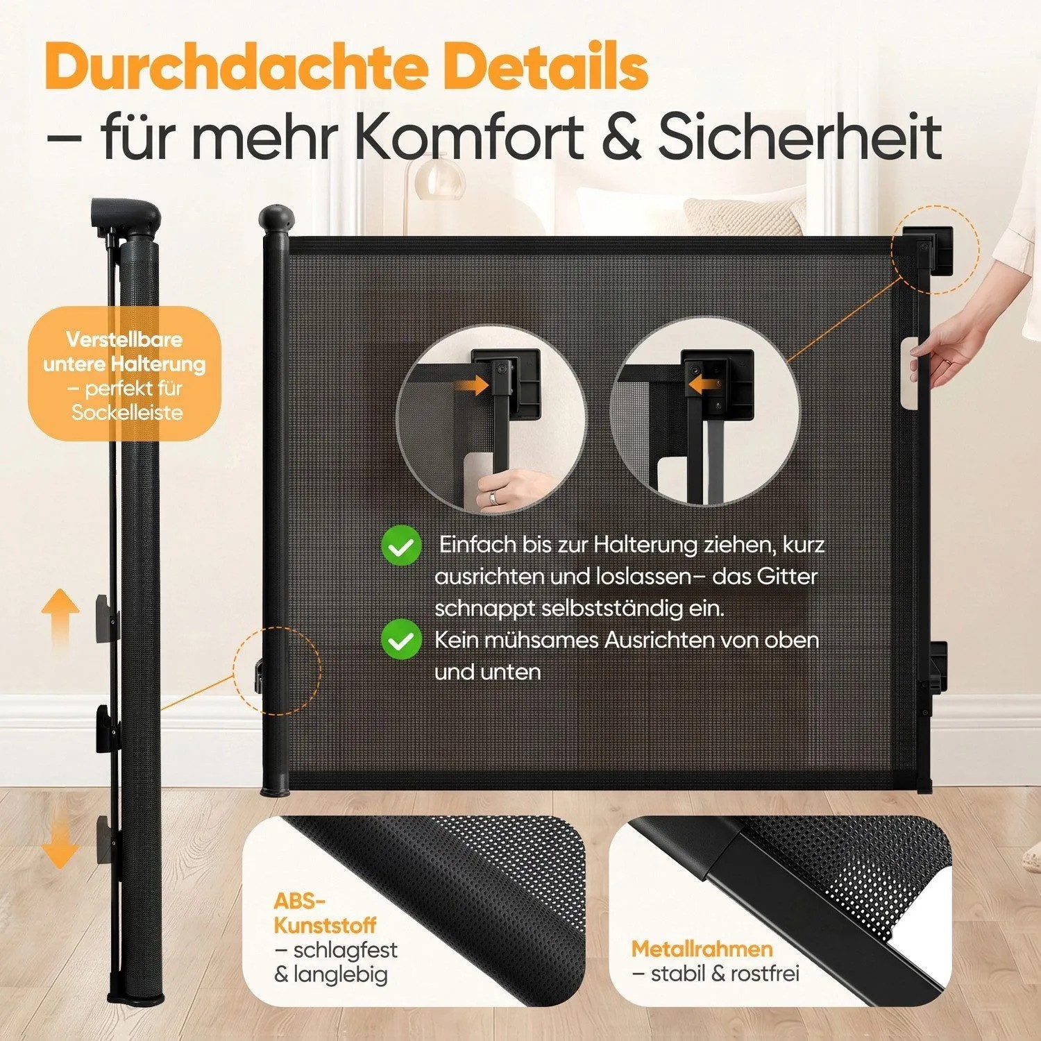 Schwarzes ausziehbares Treppenschutzgitter mit Mesh-Gewebe, Metallrahmen und ABS-Kunststoff. Zeigt Einhandbedienung und verstellbare Halterung.