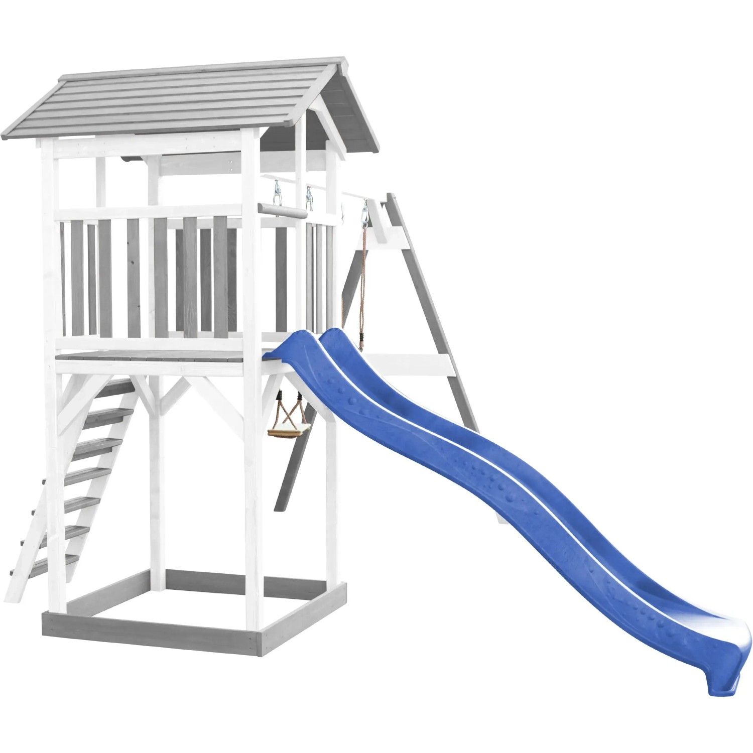 Axi Beach Tower Spielturm mit blauer Rutsche und Doppelschaukel, aus Holz.