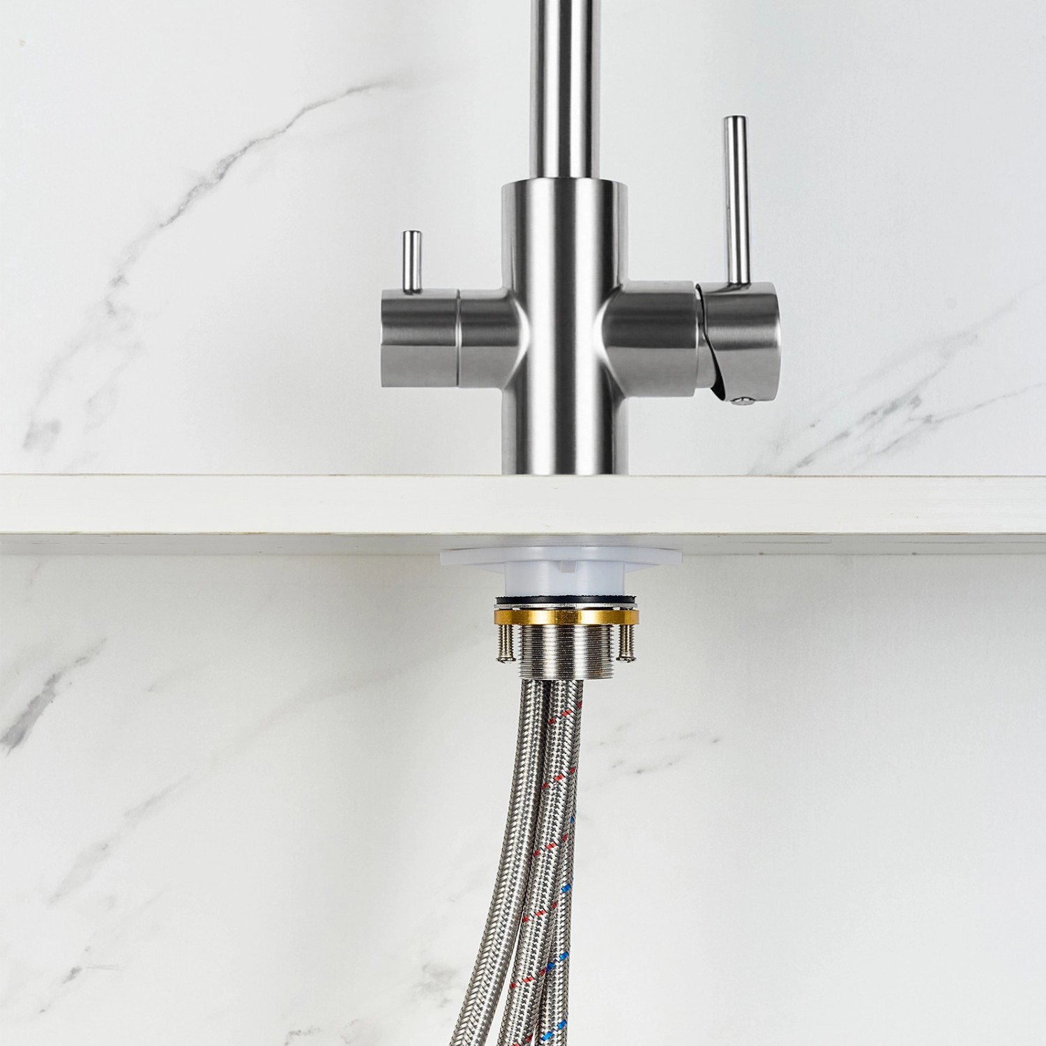 AICA Wasserhahn Silber Küche Spültischarmatur 3-Wege mit Trinkwasserfilter 2-Hebel Design für Doppelspülen 360° Schwenkbar_3