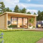 Lasita Maja Gartenhaus Liverpool 3 Natur aus unbehandeltem Holz mit großzügigem Dachüberstand.