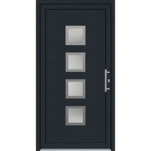 Moderne Kunststoff-Haustür in Anthrazit-Weiß mit vier quadratischen Glaseinsätzen und Edelstahlgriff.