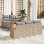 Beiges 6-tlg. vidaXL Garten-Sofa-Set aus Poly Rattan mit Tisch und grauen Kissen.