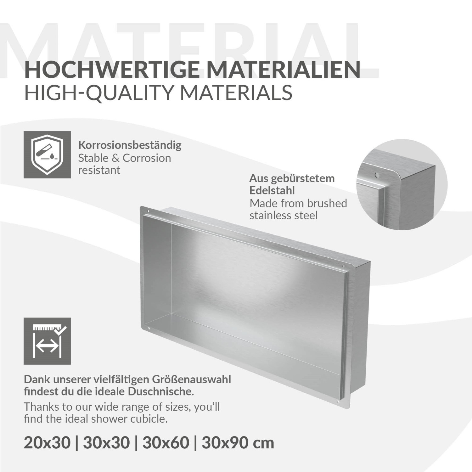 LuxeBath Wandnische, 60x30x10 cm, Edelstahl Silber, für Dusche & Bad.