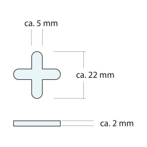 Abbildung von weißen 5 mm Fliesenkreuzen aus Kunststoff mit Maßangaben.