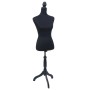 Schwarze weibliche Schneiderpuppe mit Schaumstofftorso, Holzknauf und höhenverstellbarem Dreibein-Standfuß.