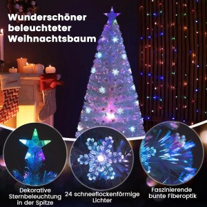 Weißer künstlicher Tannenbaum 180cm mit bunter LED-Beleuchtung, Glasfaser und leuchtender Sternspitze.