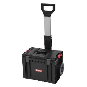 Schwarzer QBRICK Werkzeugtrolley Pro mit Teleskopgriff und Rädern.