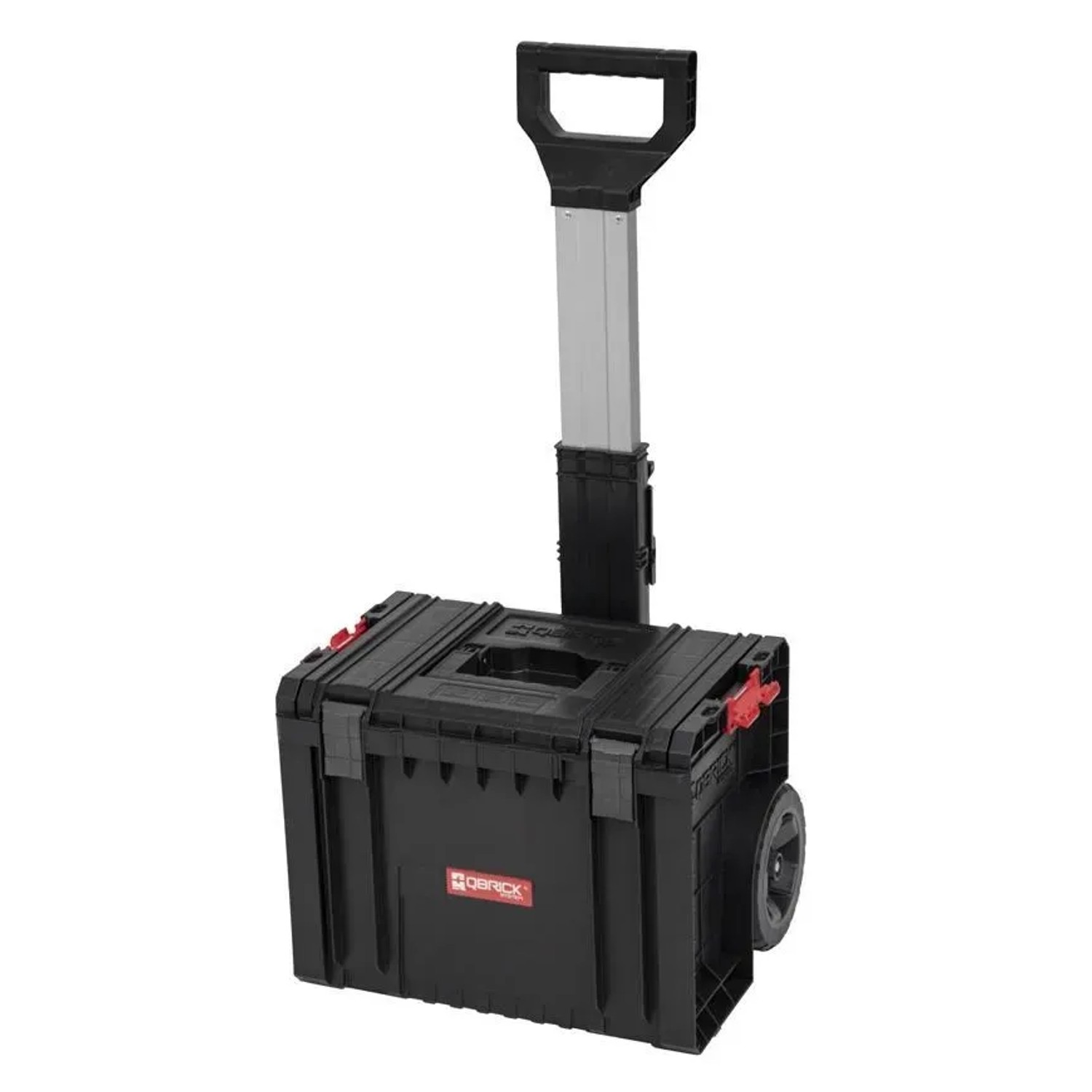 Schwarzer QBRICK Werkzeugtrolley Pro mit Teleskopgriff und Rädern.