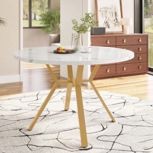 Merax Runder Esstisch 100cm  MDF Marmoroptik  X-Gestell Gold