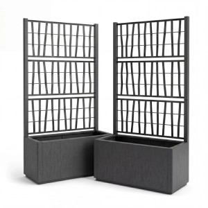 Zwei anthrazitfarbene BigDean Pflanzkästen mit Rankgitter aus Kunststoff. Ideal als Sichtschutz für Balkon & Garten.