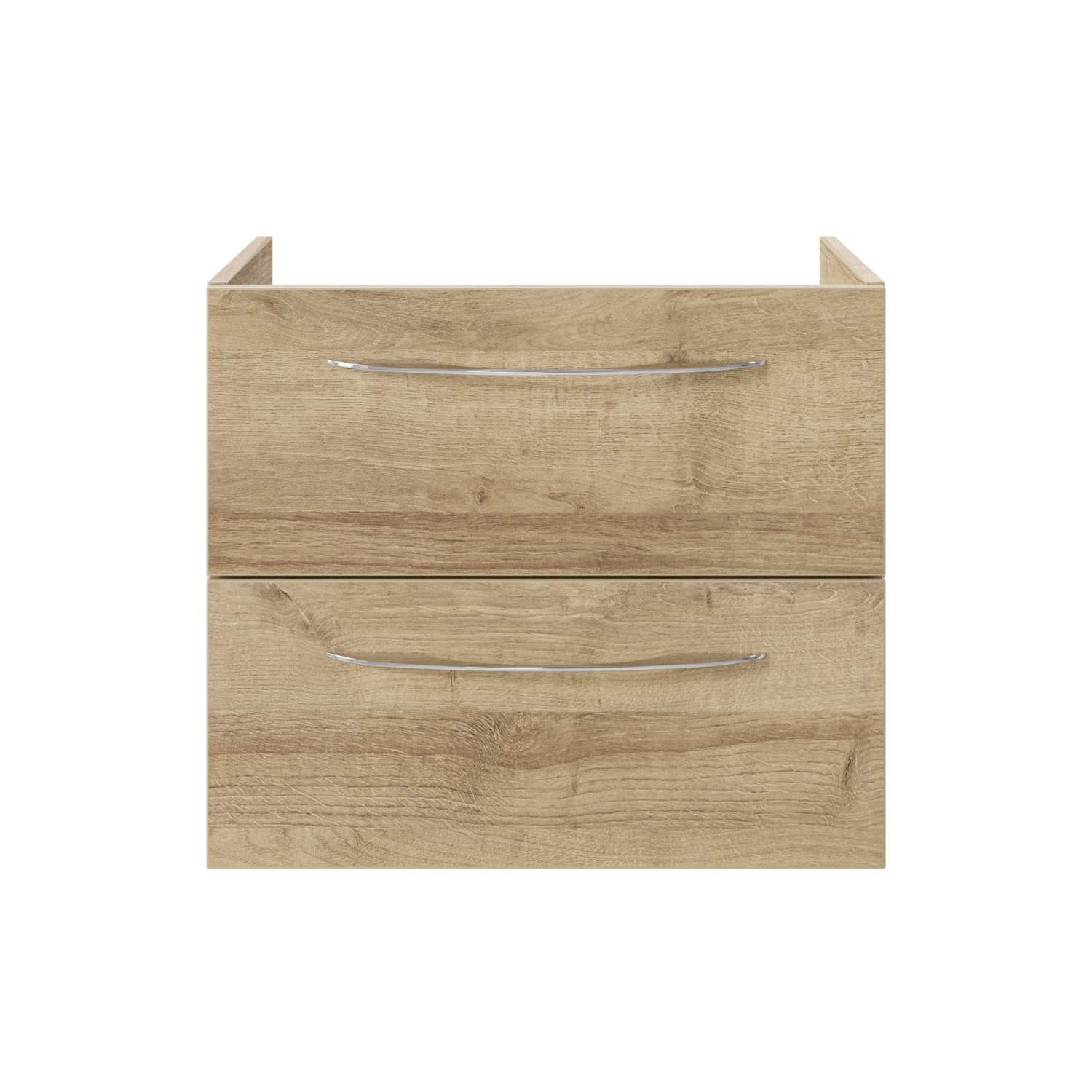 Pelipal Waschtischunterschrank in Riviera Eiche mit zwei Schubladen und silbernen Griffen.