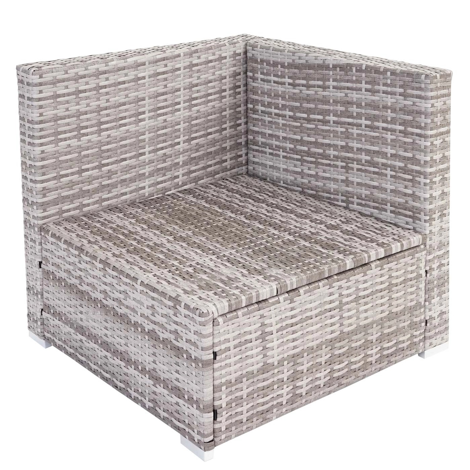 Modulares Eckelement der grauen Poly-Rattan Lounge-Garnitur Busto mit cremefarbenen Kissen.