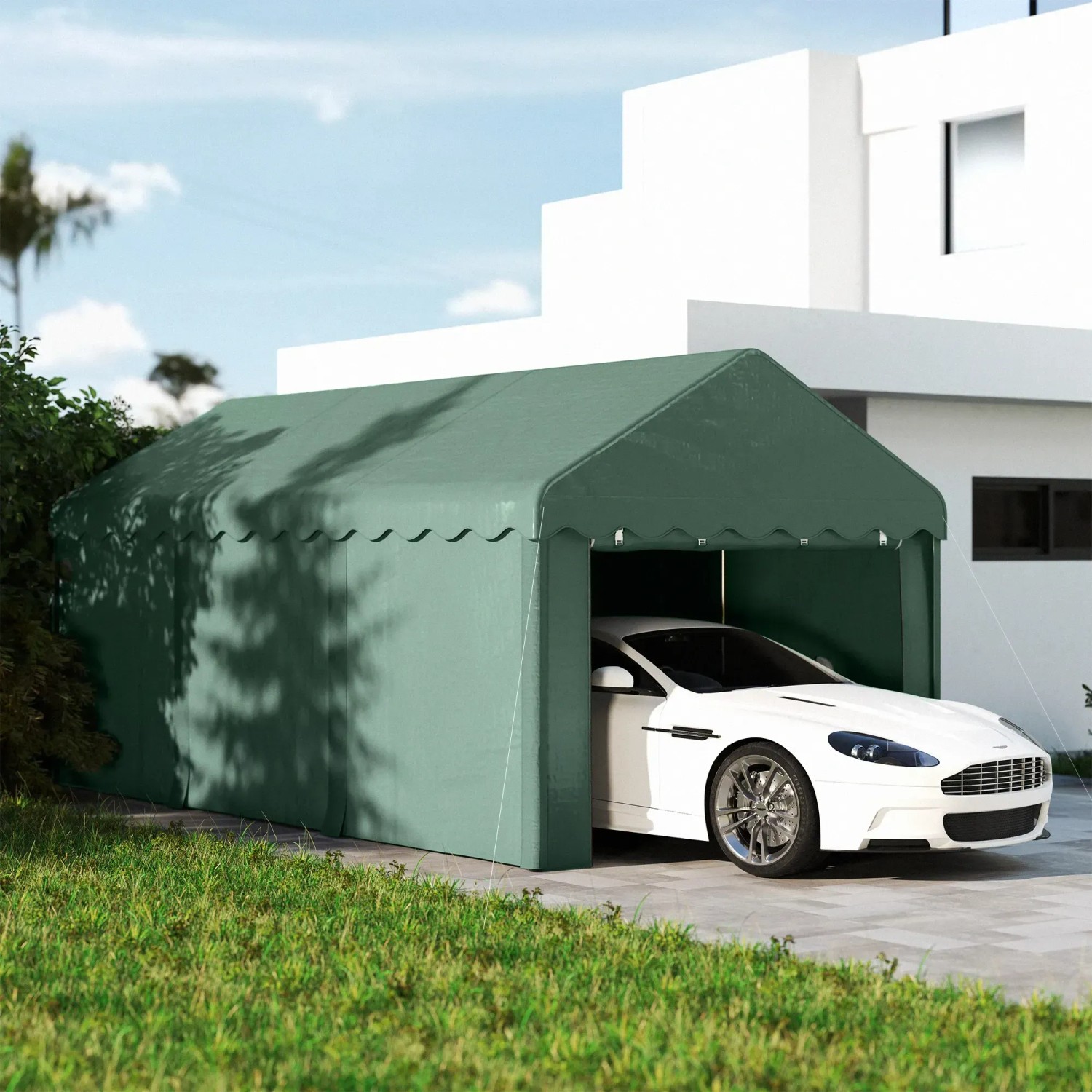 Grünes Outsunny Carport Stahl Zeltgarage mit Auto. Robuster Unterstand für Fahrzeuge und Geräte.