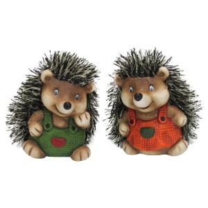 Zwei Deko Igel aus Keramik, 7 cm, in grüner und oranger Latzhose.