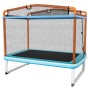 Blau-oranges Costway 3-in-1 Kindertrampolin mit Netz und Reckstange für den Garten.